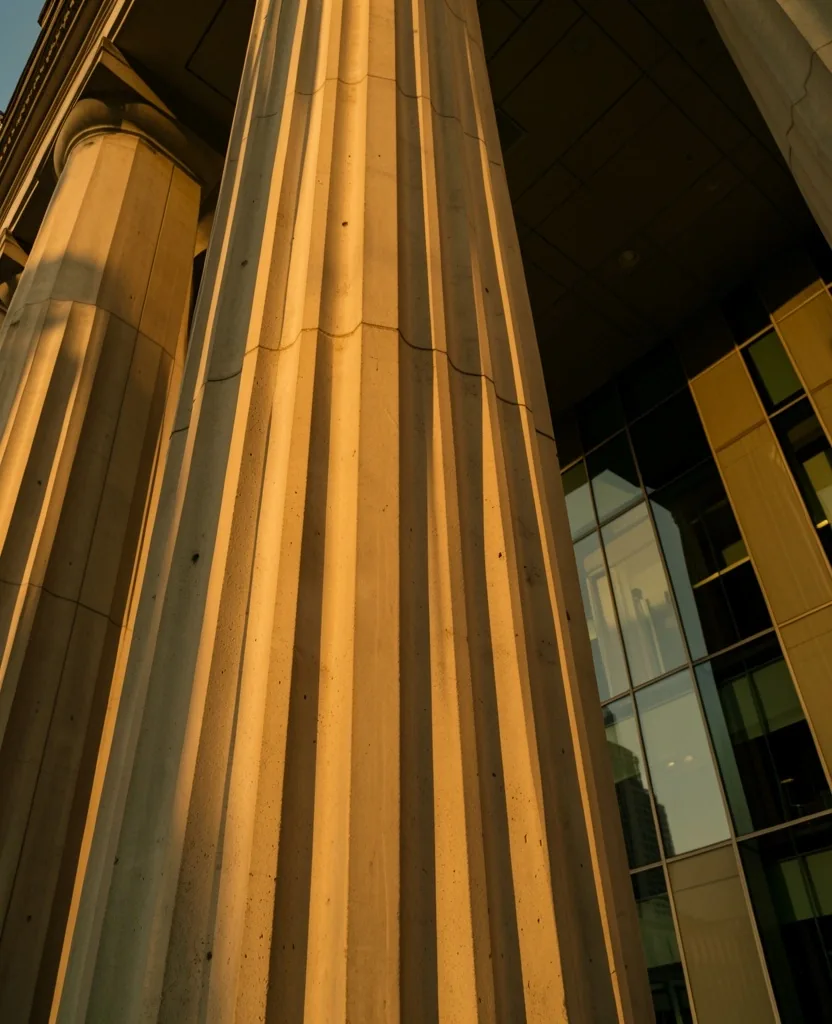 Columna de arquitectura brutalista con luz cálida de la tarde