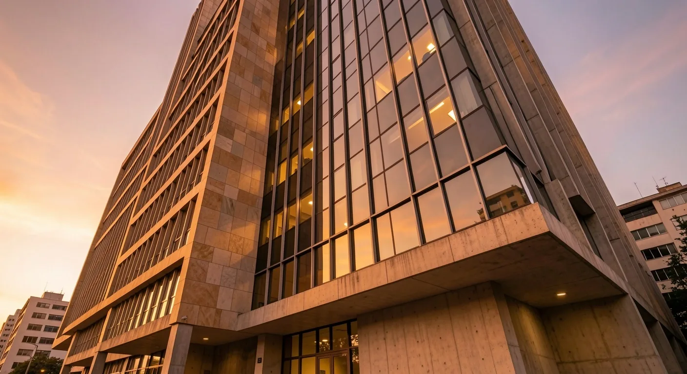 Edificio corporativo de oficinas en Bogotá al atardecer